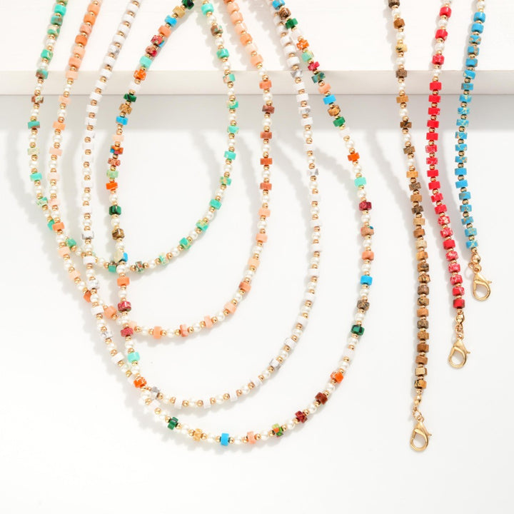 Beaded Natural Stone Necklace With Gold Beaded And Pearl Beaded Details