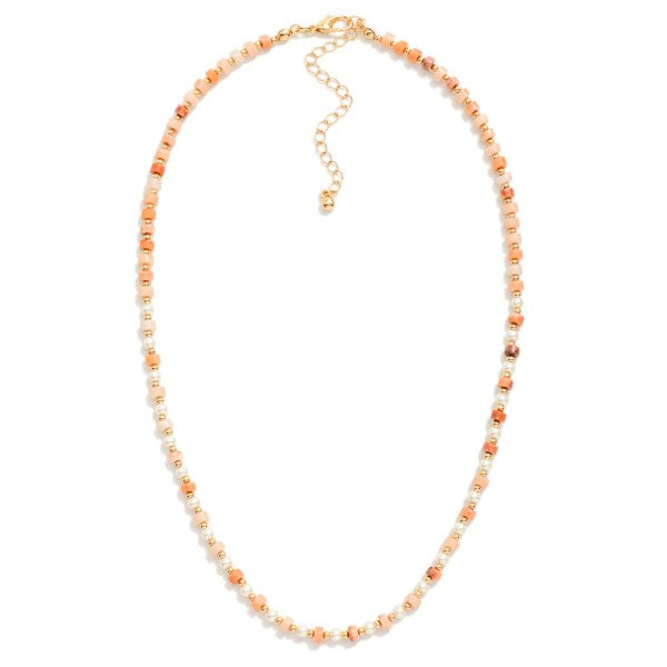 Beaded Natural Stone Necklace With Gold Beaded And Pearl Beaded Details