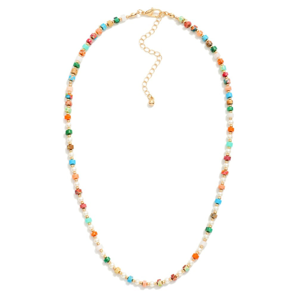 Beaded Natural Stone Necklace With Gold Beaded And Pearl Beaded Details