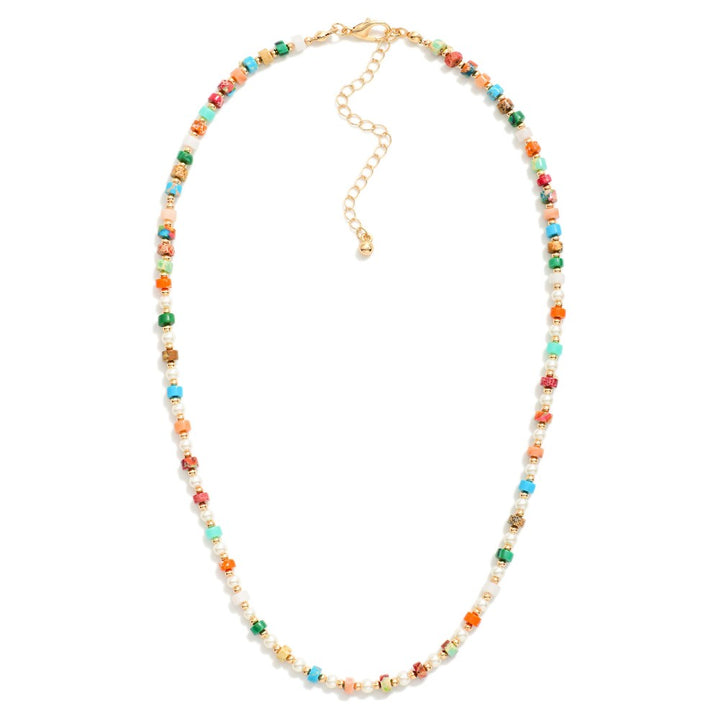 Beaded Natural Stone Necklace With Gold Beaded And Pearl Beaded Details