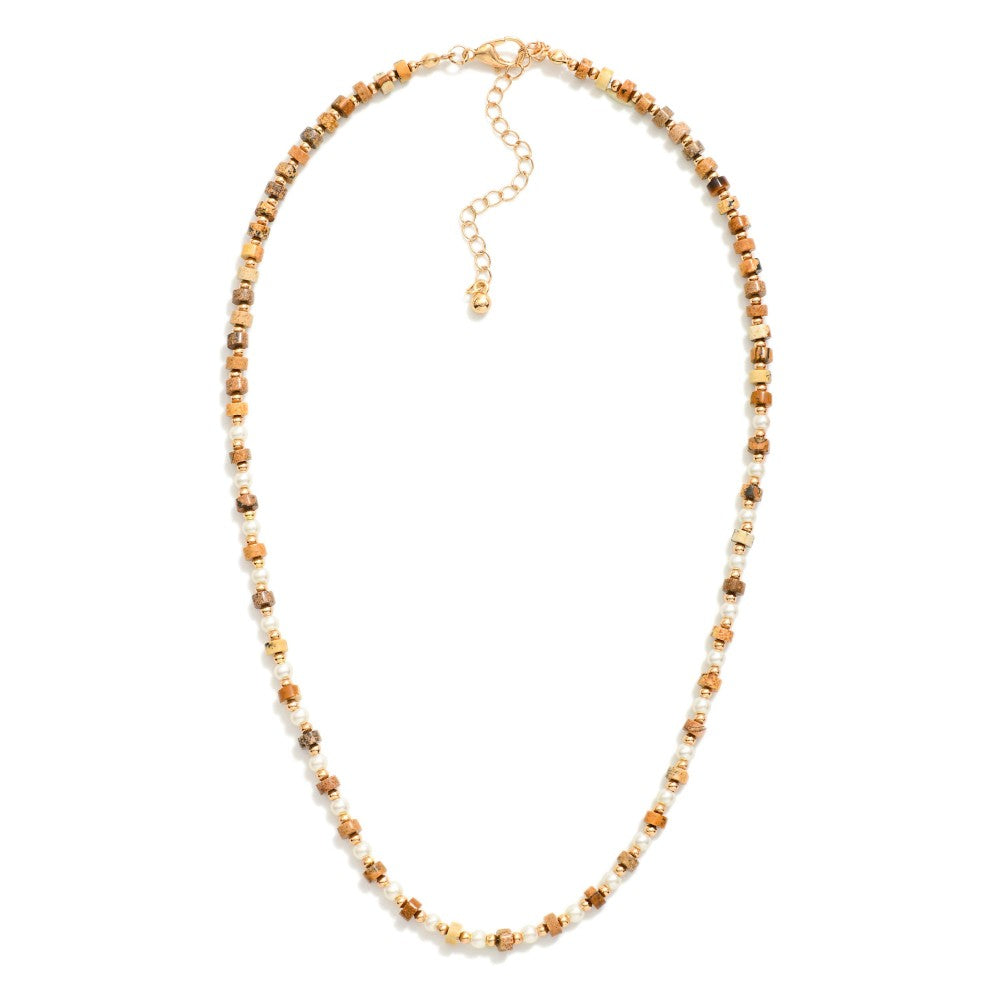 Beaded Natural Stone Necklace With Gold Beaded And Pearl Beaded Details