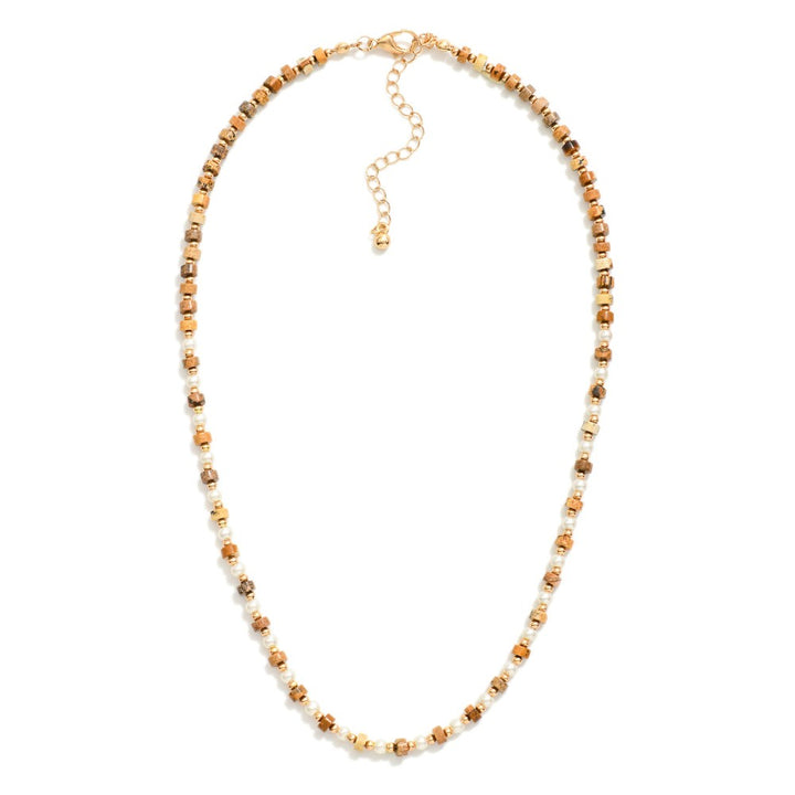 Beaded Natural Stone Necklace With Gold Beaded And Pearl Beaded Details