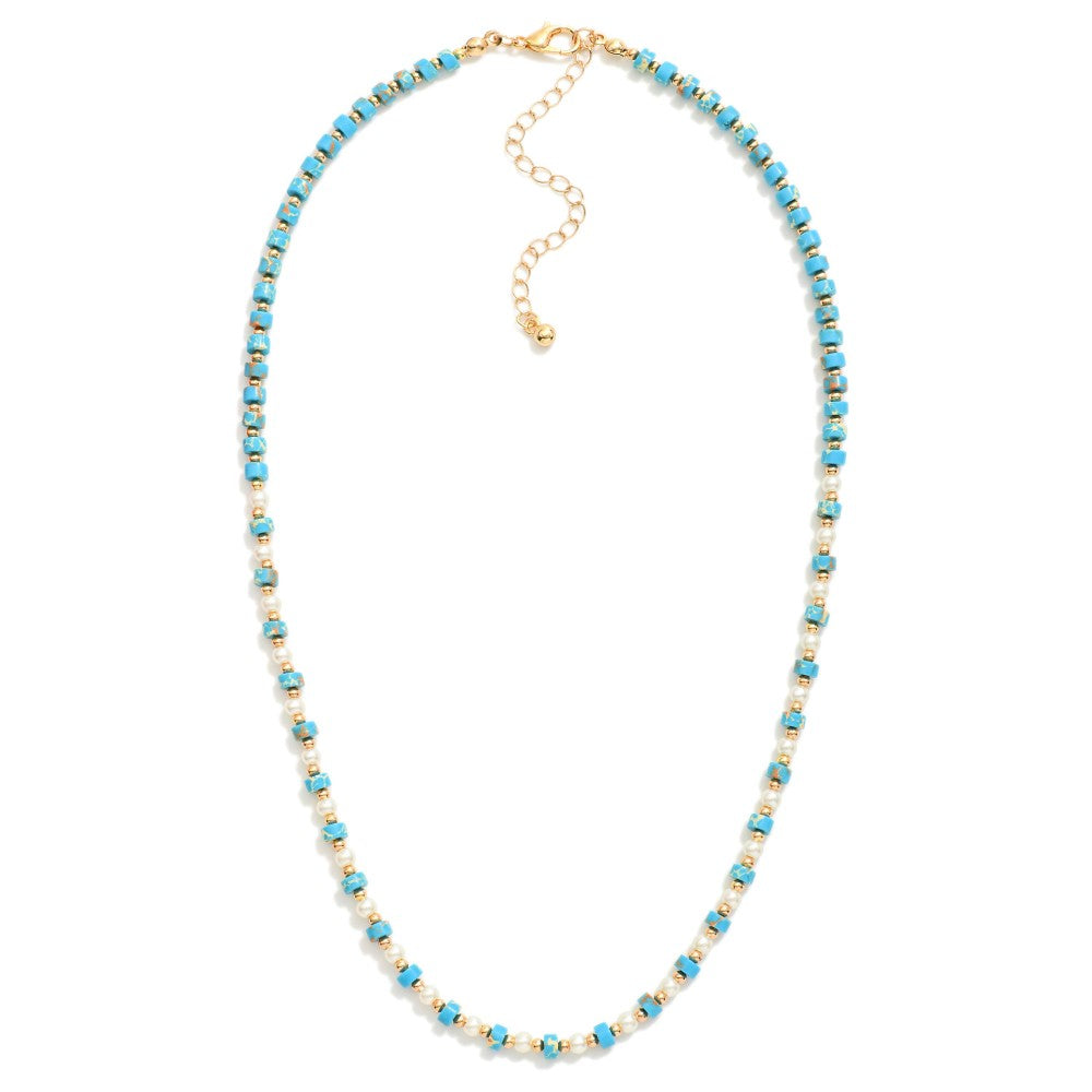 Beaded Natural Stone Necklace With Gold Beaded And Pearl Beaded Details