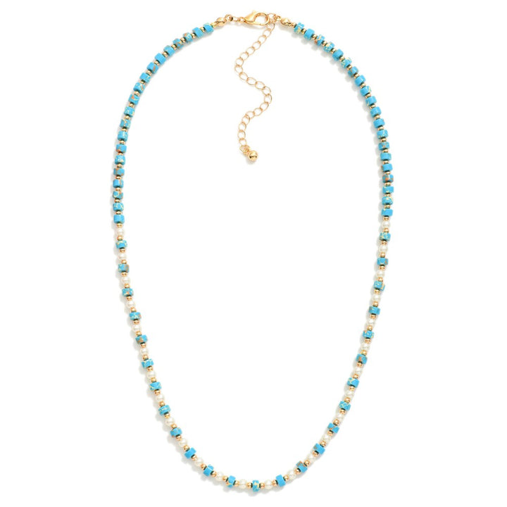 Beaded Natural Stone Necklace With Gold Beaded And Pearl Beaded Details