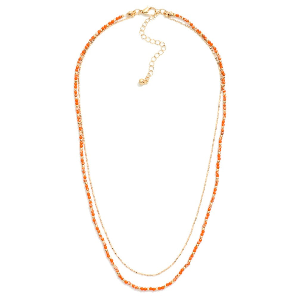 Layered Chain Link Ball Chain Necklace Featuring Metal Tones And Stone Beads