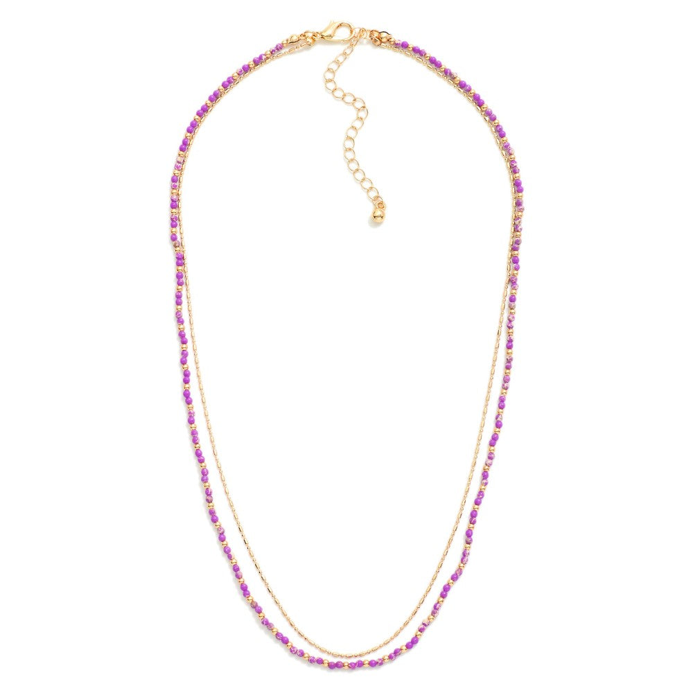 Layered Chain Link Ball Chain Necklace Featuring Metal Tones And Stone Beads