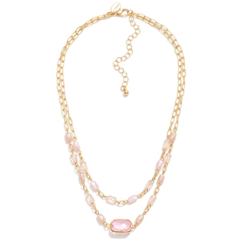Layered Chain Link Necklace Featuring Glass Crystal & Faceted Beads