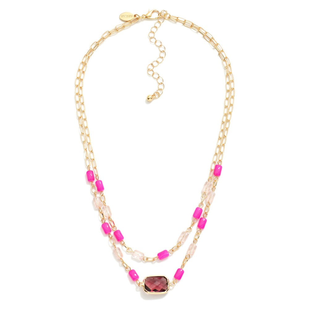 Layered Chain Link Necklace Featuring Glass Crystal & Faceted Beads