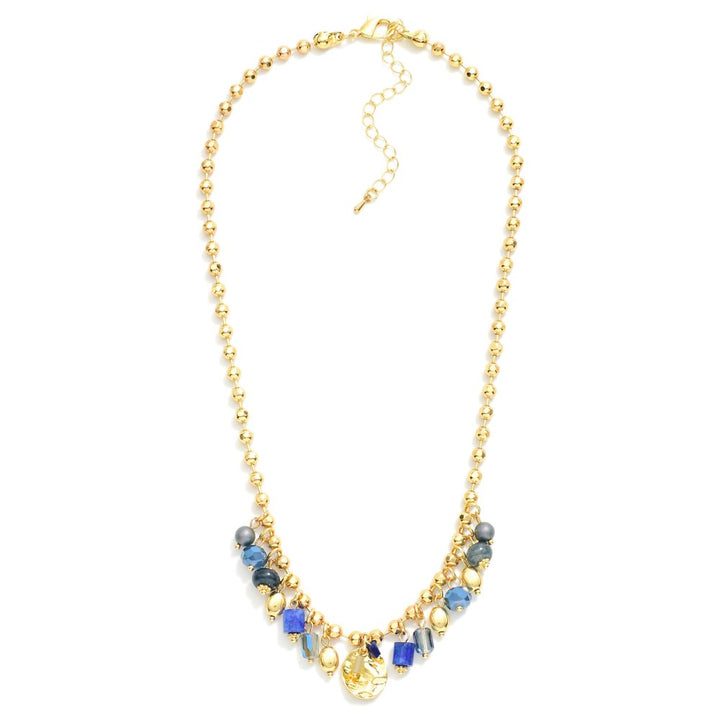 Ball Chain Necklace Featuring Faceted Bead & Metal Tone Charms