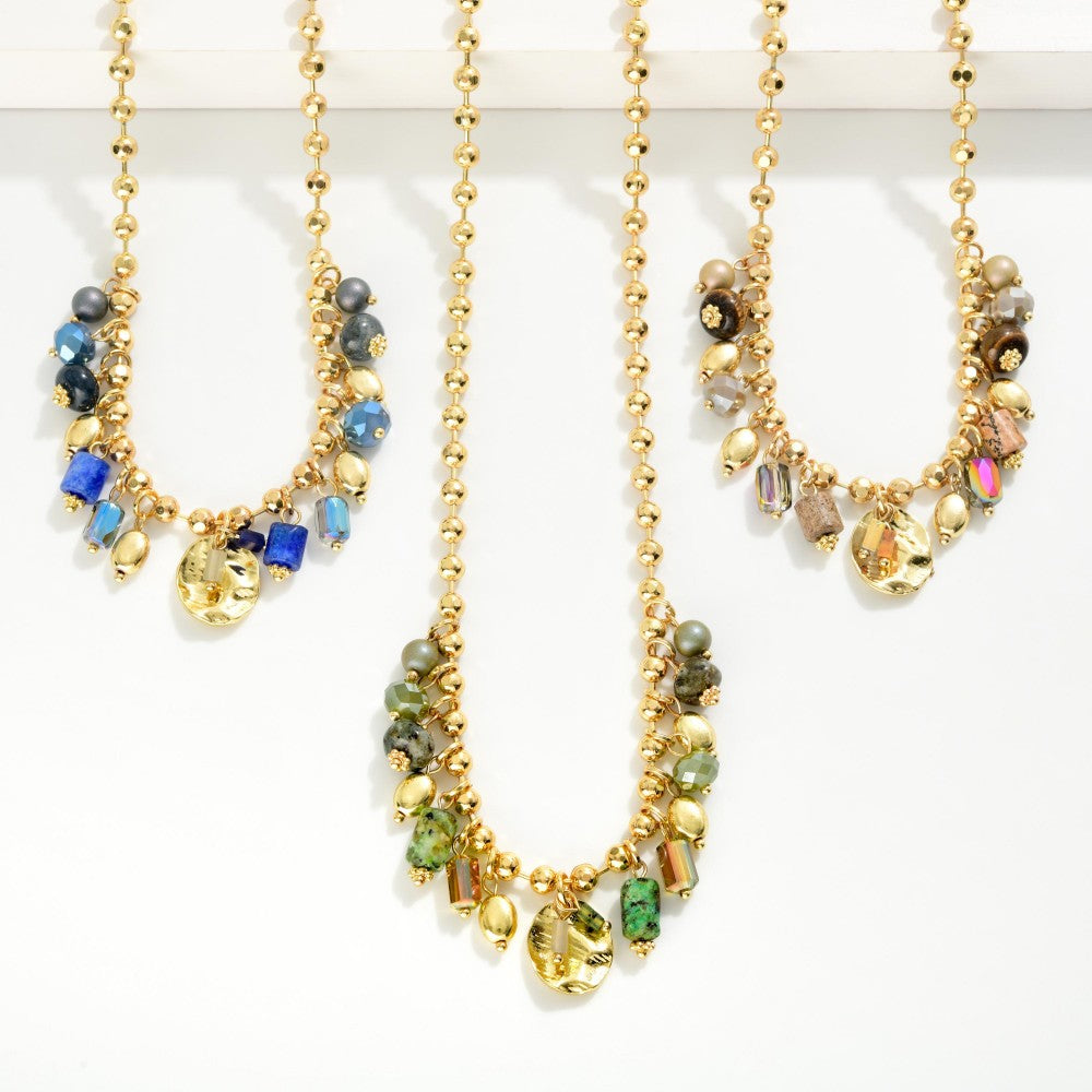 Ball Chain Necklace Featuring Faceted Bead & Metal Tone Charms
