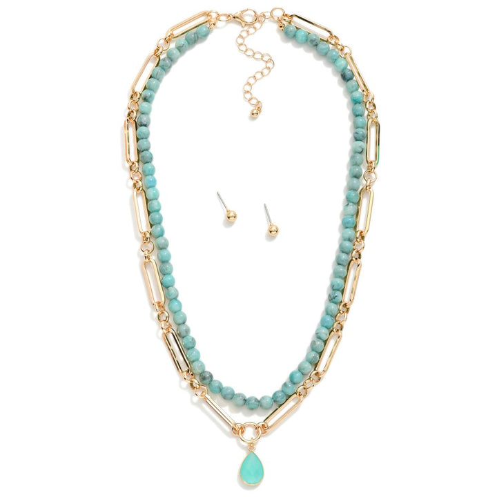 Layered Chain Link &amp; Natural Stone Beaded Necklace Featuring Enamel Teardrop Pendant