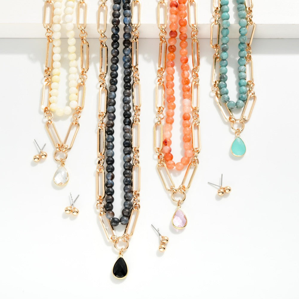 Layered Chain Link &amp; Natural Stone Beaded Necklace Featuring Enamel Teardrop Pendant