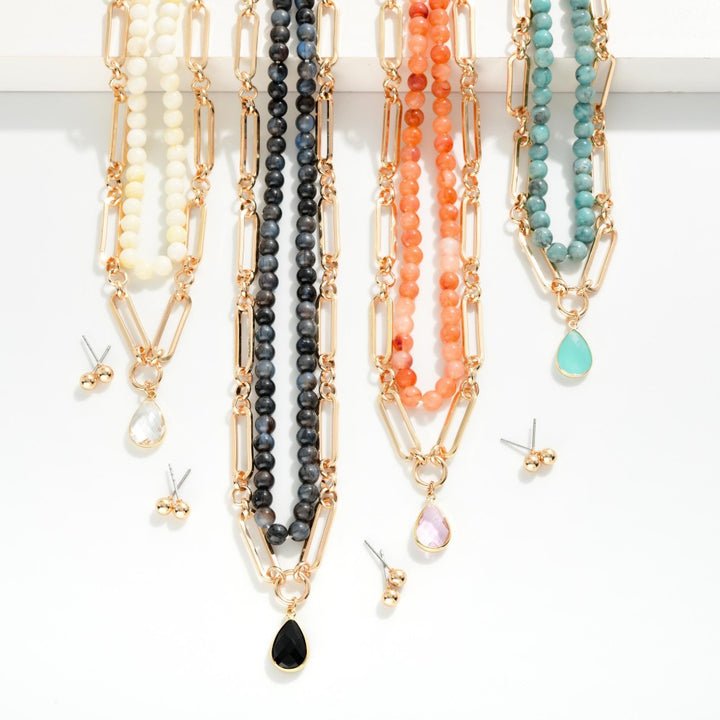 Layered Chain Link &amp; Natural Stone Beaded Necklace Featuring Enamel Teardrop Pendant
