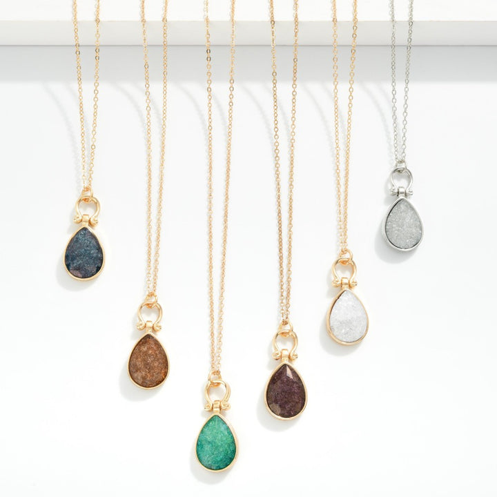 Metal Tone Chain Link Necklace Necklace Featuring Glittery Stone Teardrop Pendent