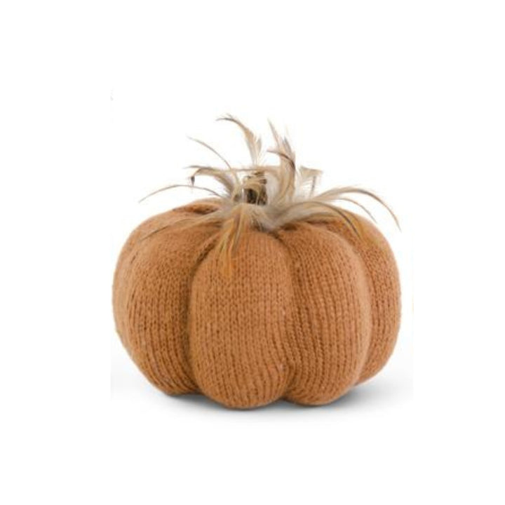 Orange Knit Pumpkins with Wood Stem & Feathers