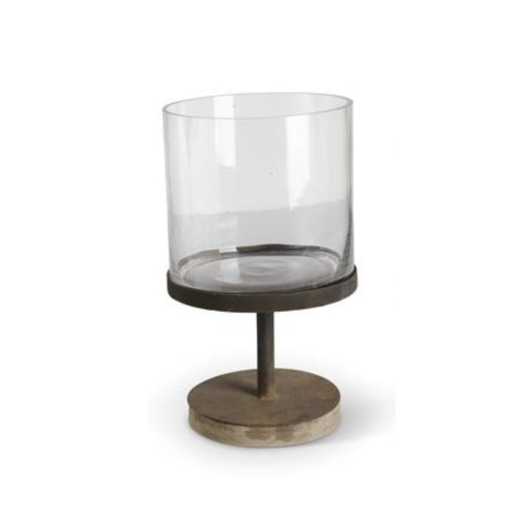 Glass Hurricane Candle Holders on Rust Metal Pedestals