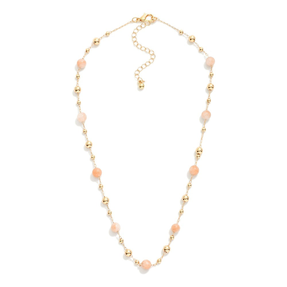 Chain Link Necklace Featuring Metal Tone &amp; Stone Bead Stations