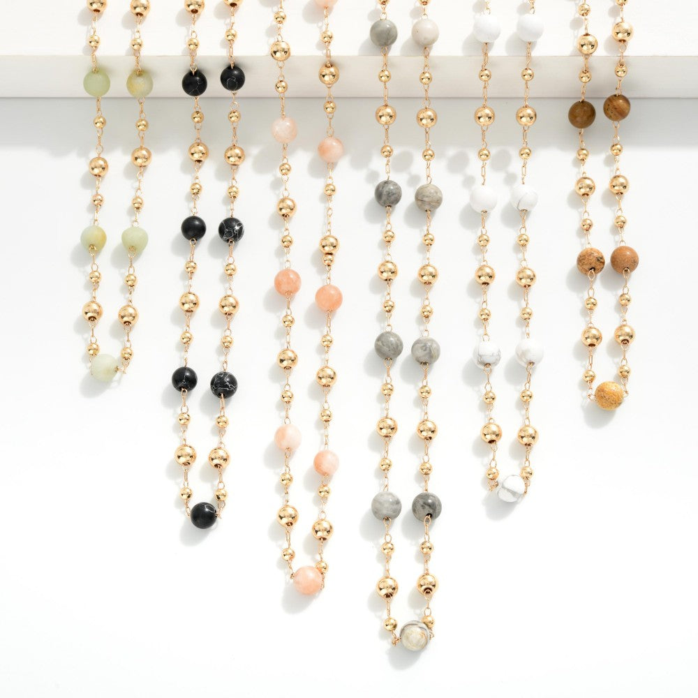 Chain Link Necklace Featuring Metal Tone &amp; Stone Bead Stations