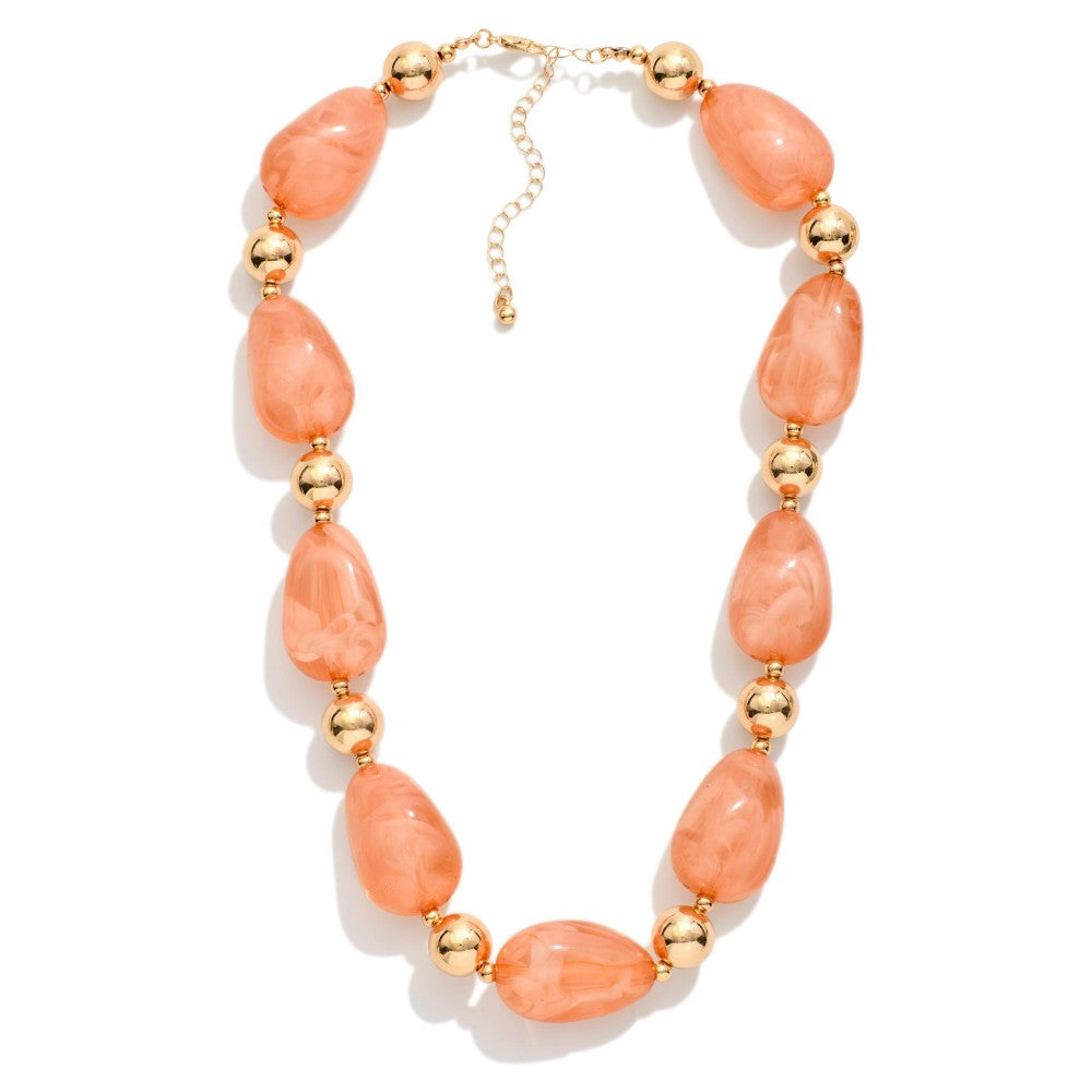 Chunky Marbled Acetate Bead Beaded Necklace Featuring Gold Tones
