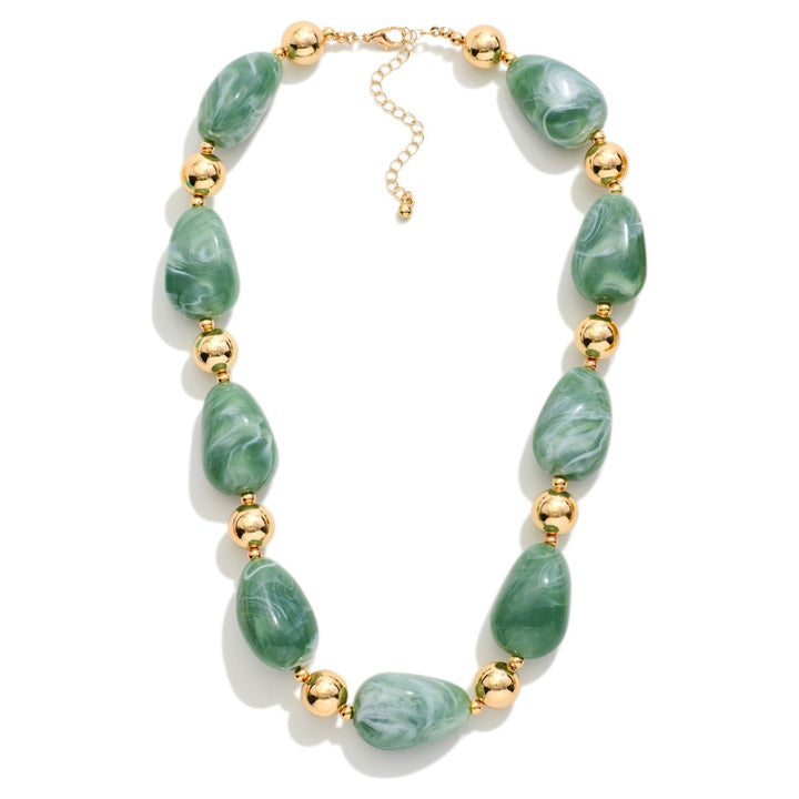 Chunky Marbled Acetate Bead Beaded Necklace Featuring Gold Tones