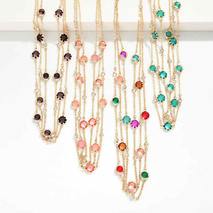 Layered Chain Link Necklace Featuring Glass Crystal Stations