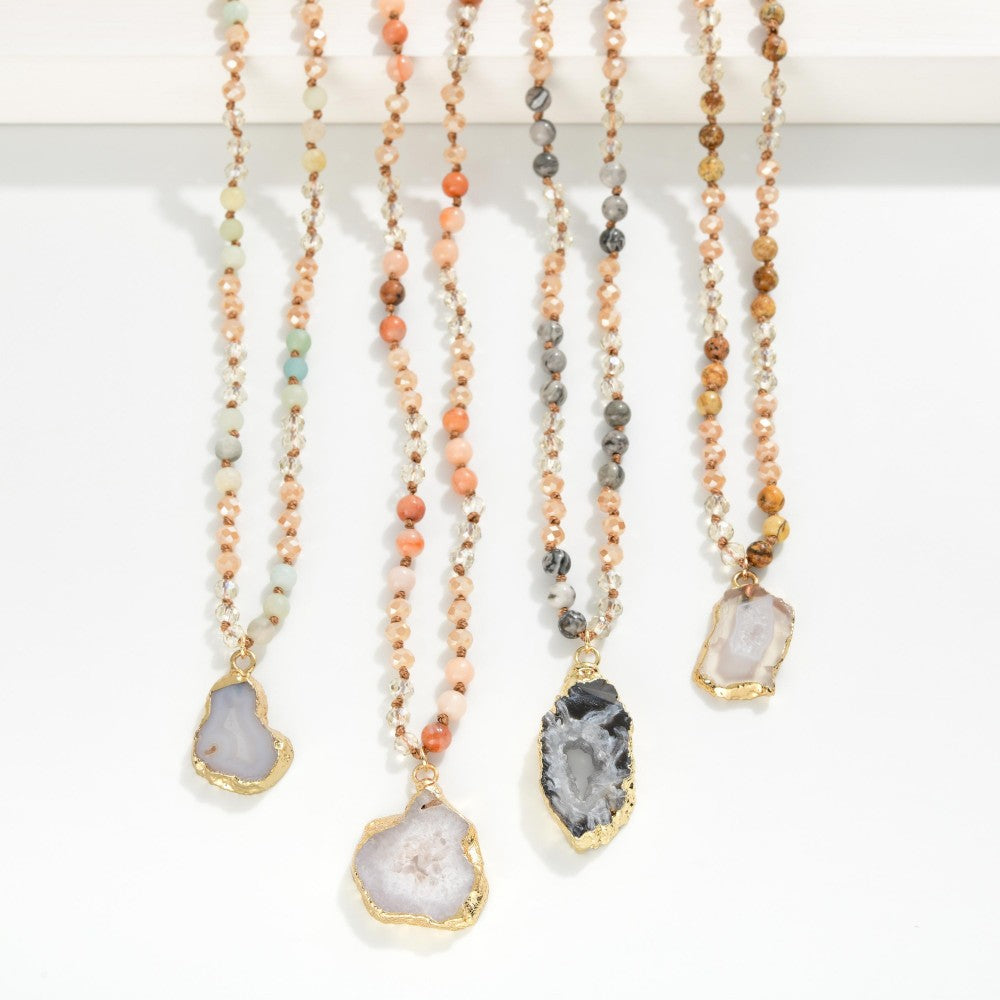 Stone &amp; Faceted Bead Beaded Necklaces Featuring Crystal Pendant