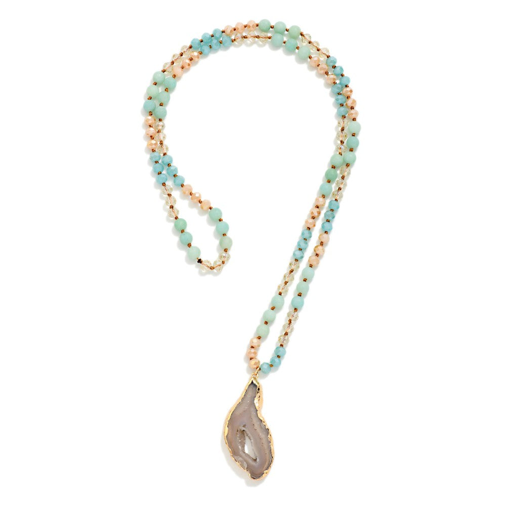 Stone &amp; Faceted Bead Beaded Necklaces Featuring Crystal Pendant