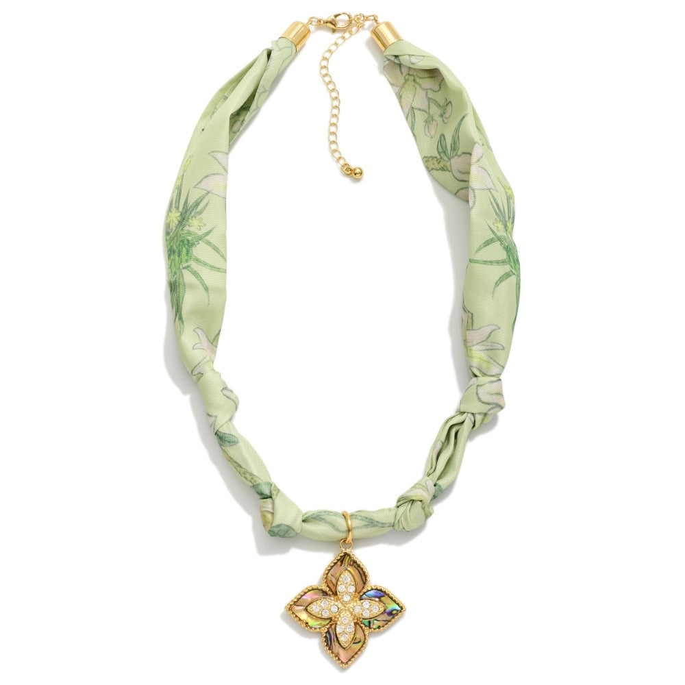 Floral Scarf Necklace Featuring Labradorite &amp; Rhinestone Clover Pendant