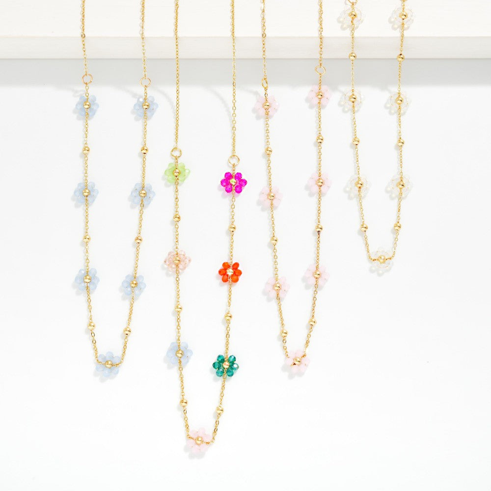 Chain Link Necklace Featuring Beaded Flower Stations