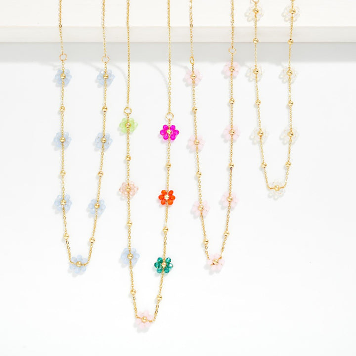 Chain Link Necklace Featuring Beaded Flower Stations