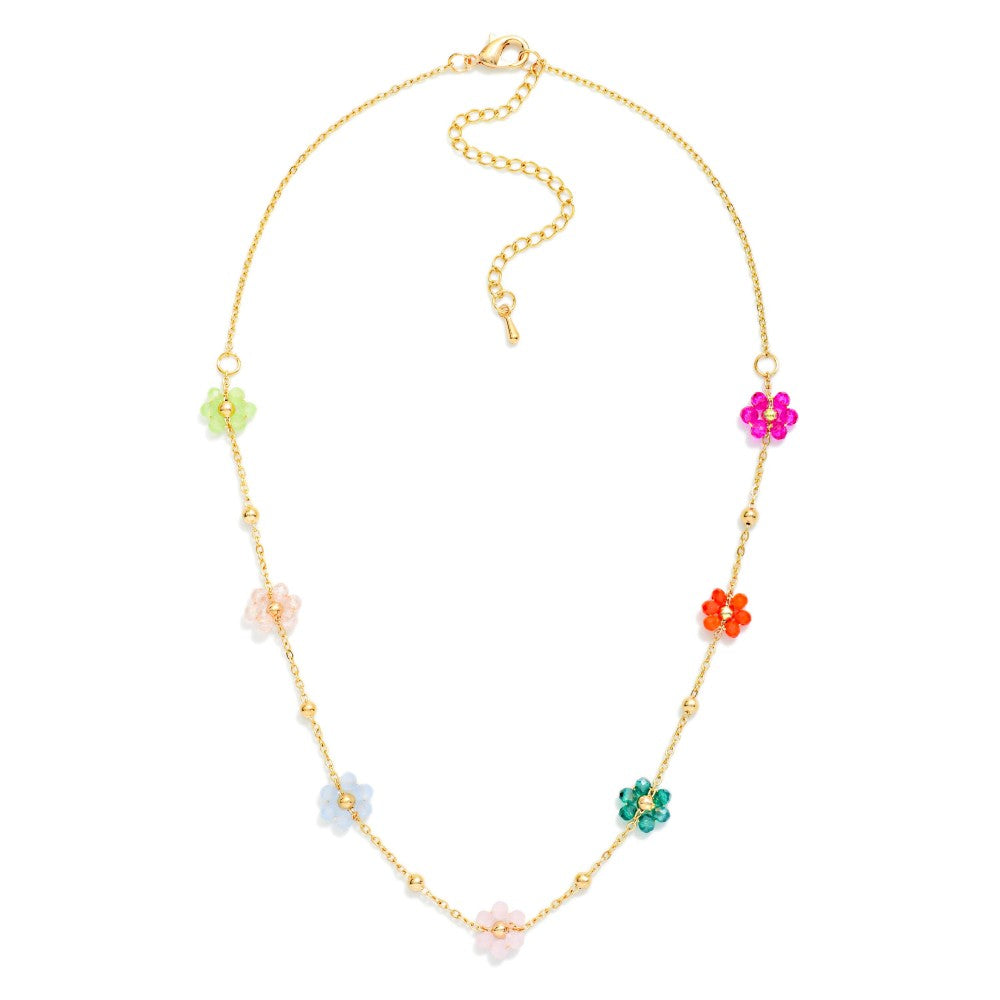 Chain Link Necklace Featuring Beaded Flower Stations