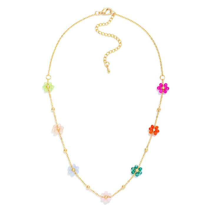Chain Link Necklace Featuring Beaded Flower Stations