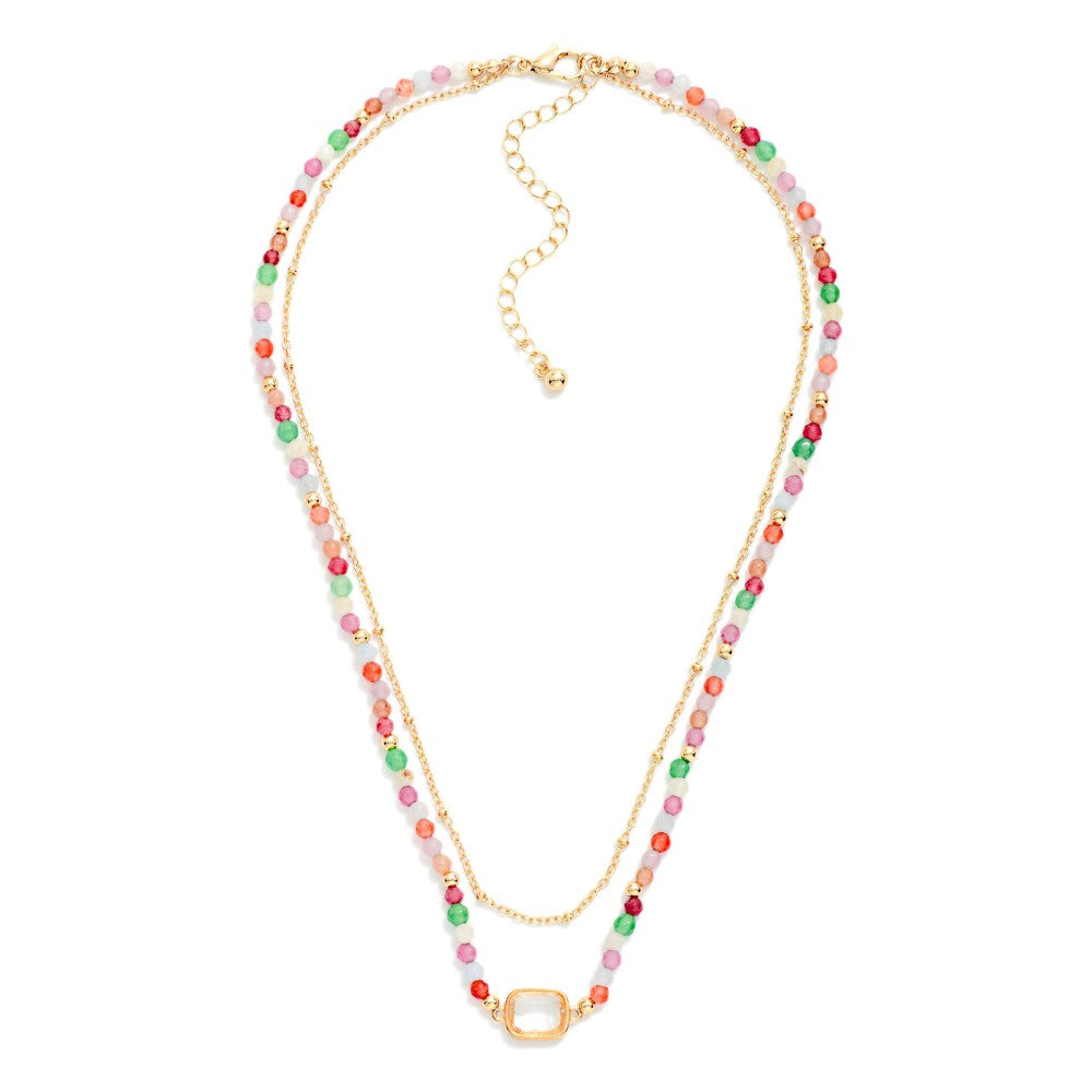 Chain Link &amp; Beaded Layered Necklace Featuring Glass Crystal Stationary Pendant