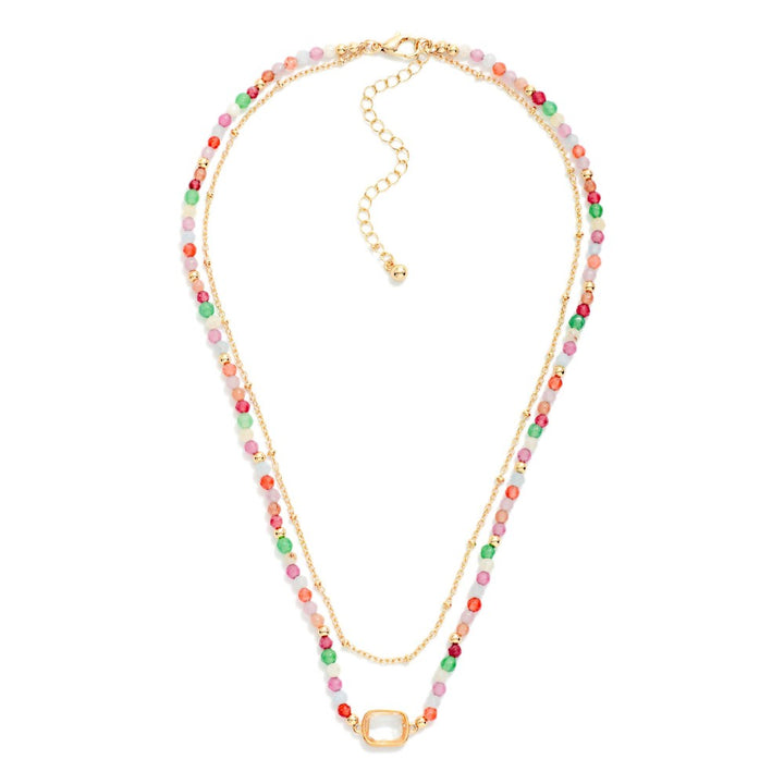 Chain Link &amp; Beaded Layered Necklace Featuring Glass Crystal Stationary Pendant