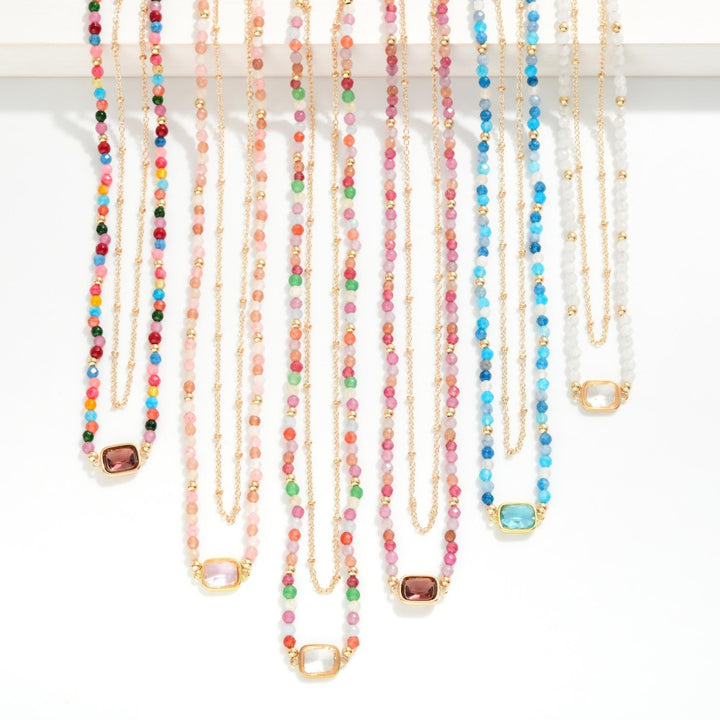 Chain Link &amp; Beaded Layered Necklace Featuring Glass Crystal Stationary Pendant