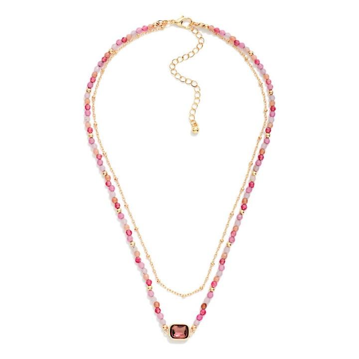Chain Link &amp; Beaded Layered Necklace Featuring Glass Crystal Stationary Pendant
