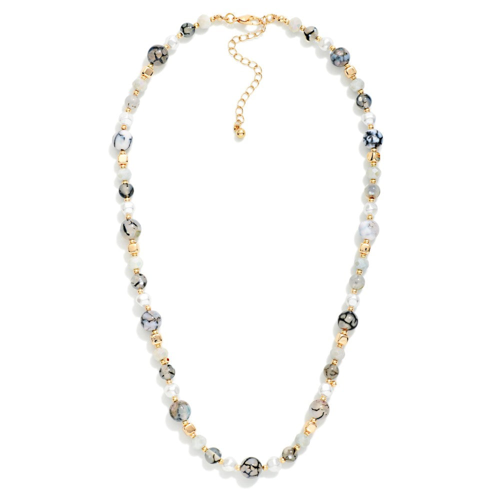 Stone Beaded Necklace With Pearl &amp; Gold Tone Details