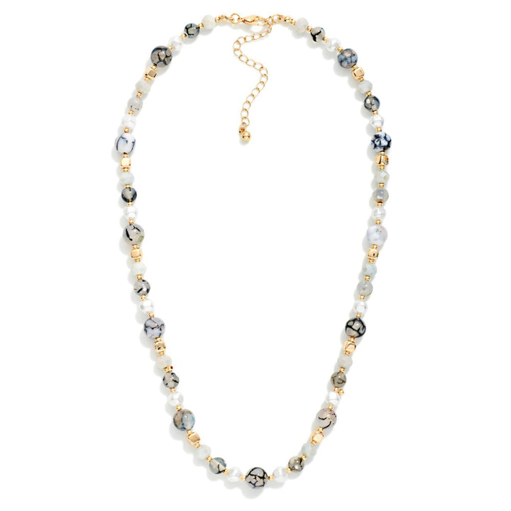 Stone Beaded Necklace With Pearl &amp; Gold Tone Details