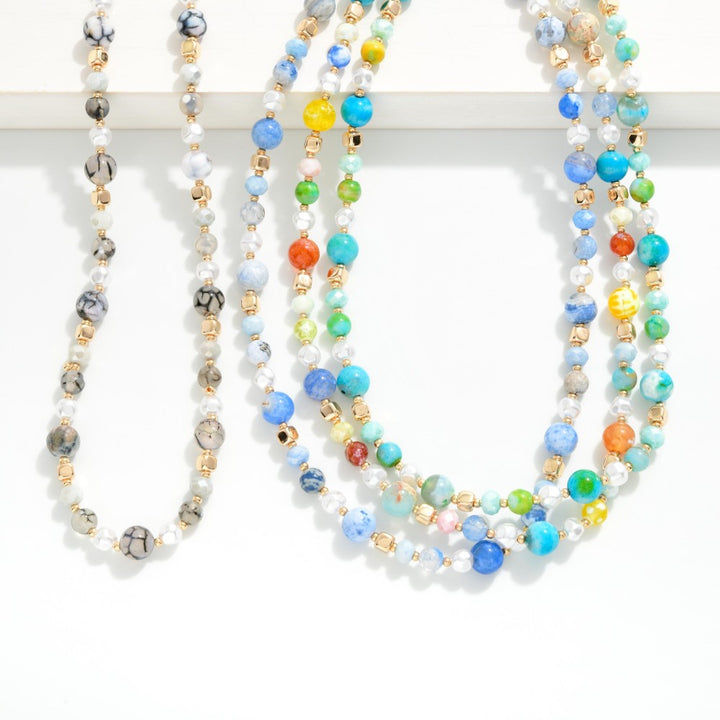 Stone Beaded Necklace With Pearl &amp; Gold Tone Details