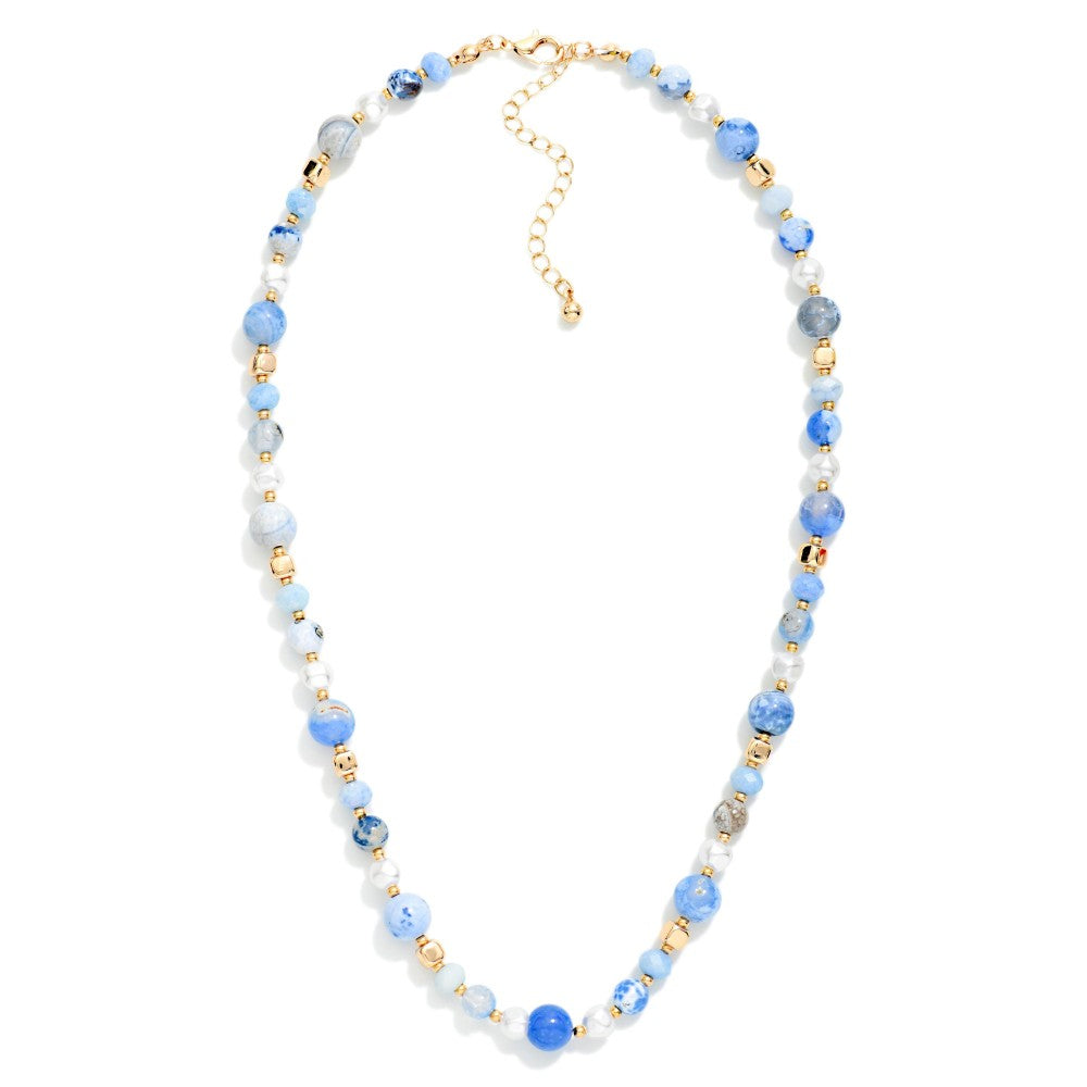 Stone Beaded Necklace With Pearl &amp; Gold Tone Details