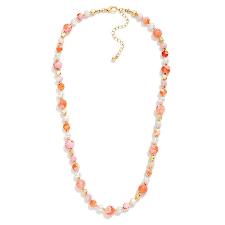 Stone Beaded Necklace With Pearl &amp; Gold Tone Details