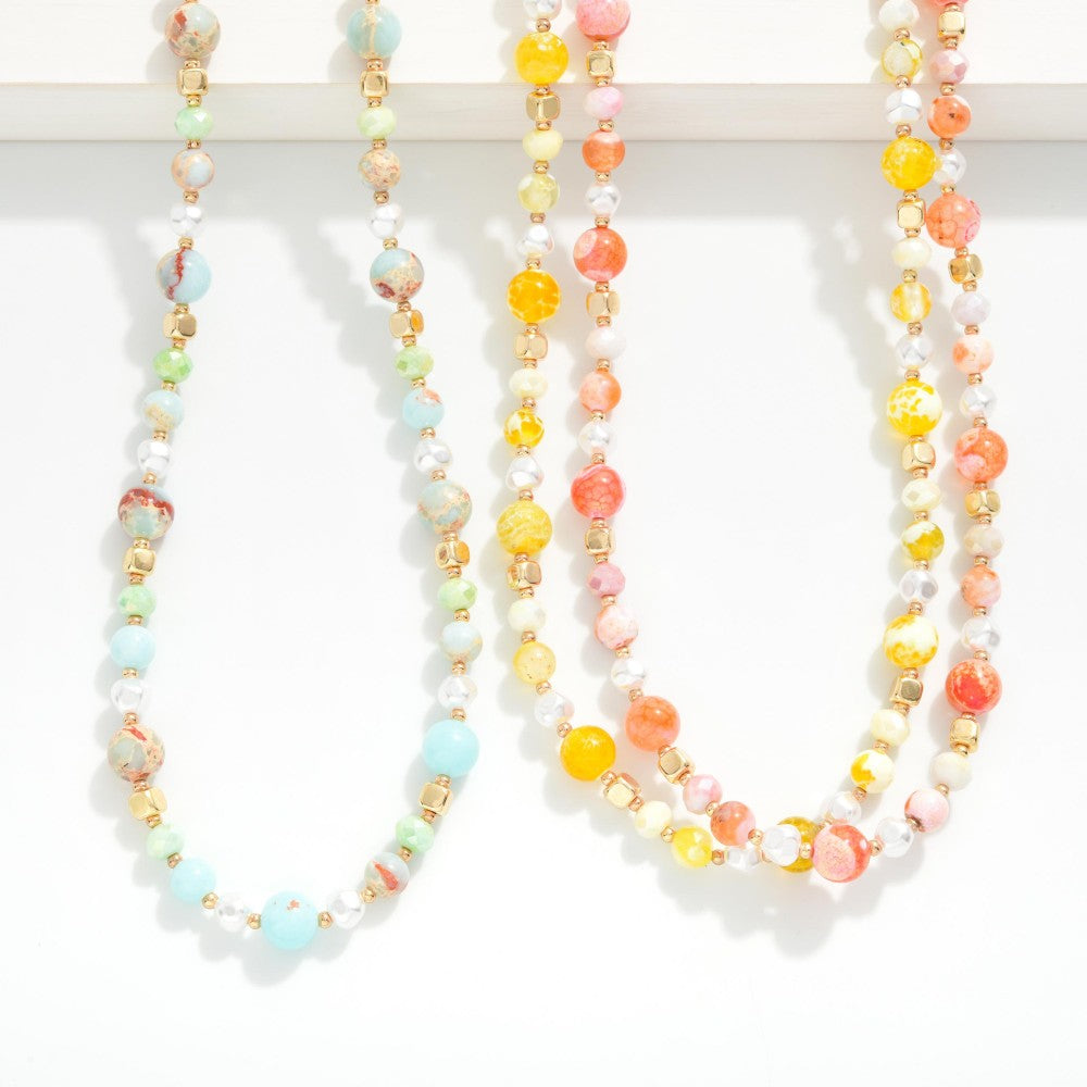 Stone Beaded Necklace With Pearl &amp; Gold Tone Details