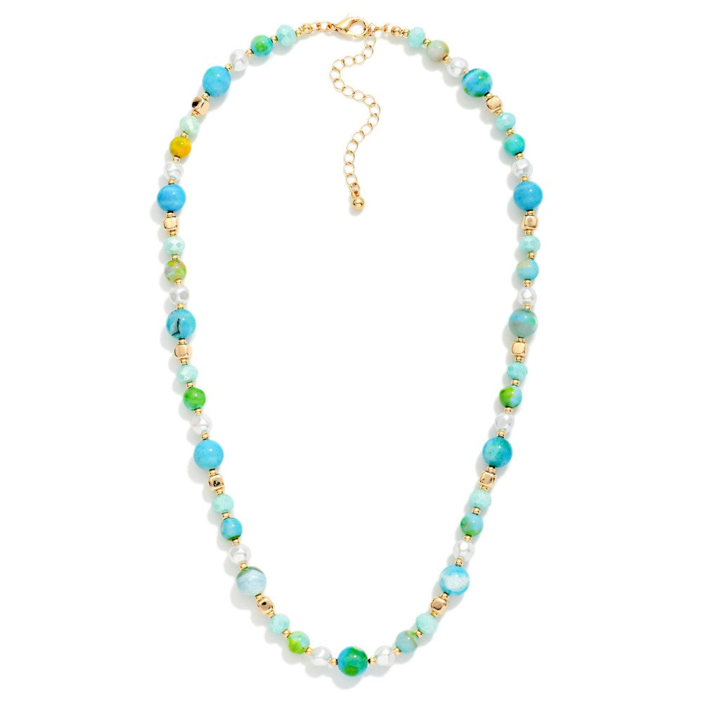 Stone Beaded Necklace With Pearl &amp; Gold Tone Details