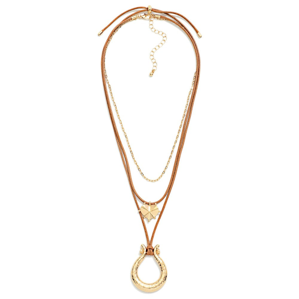 Layered Adjustable Wax Cord Necklace Featuring Metal Tone Heart And Horse Shoe Pendants