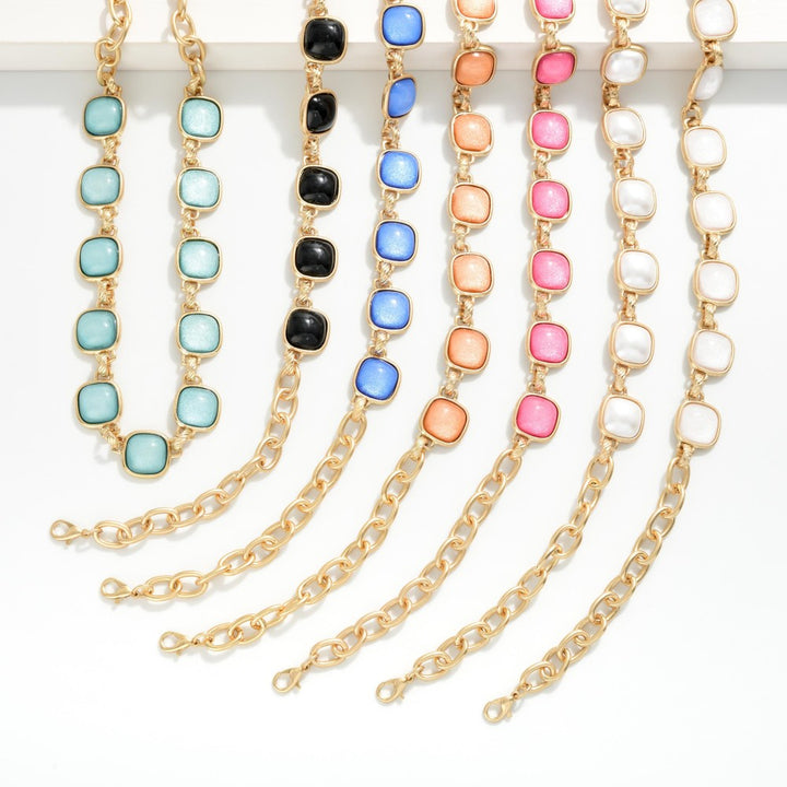 Chain Link Necklace Featuring Glitter Resin Squared Stations
