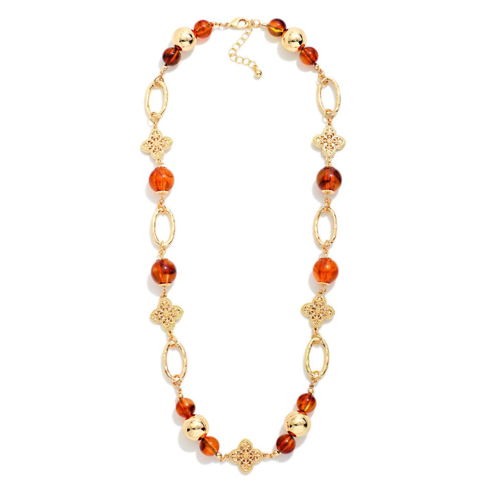 Hammered Metal Oval Link &amp; Acetate Bead Necklace Featuring Filigree Clover Stations
