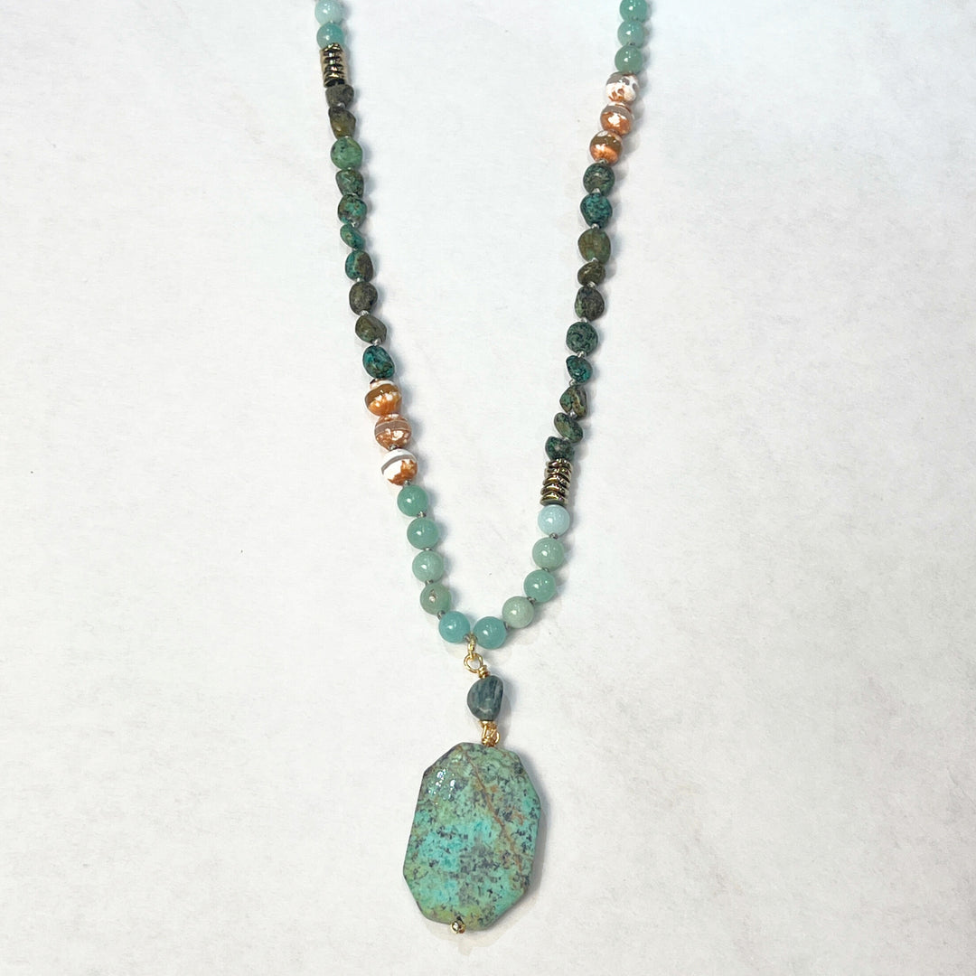 Amazonite &amp; Jasper Pendant Beaded Boho Necklace