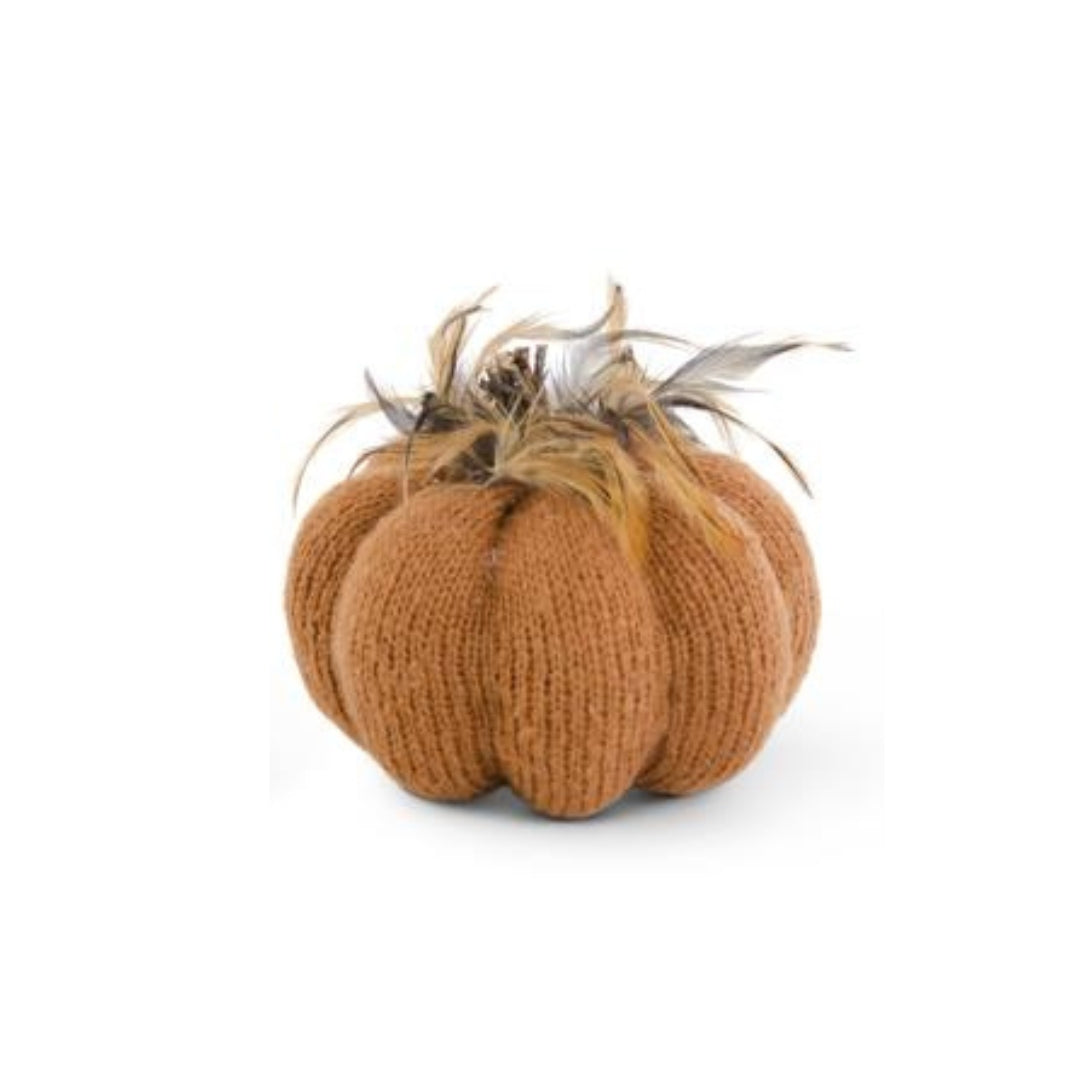Orange Knit Pumpkins with Wood Stem & Feathers