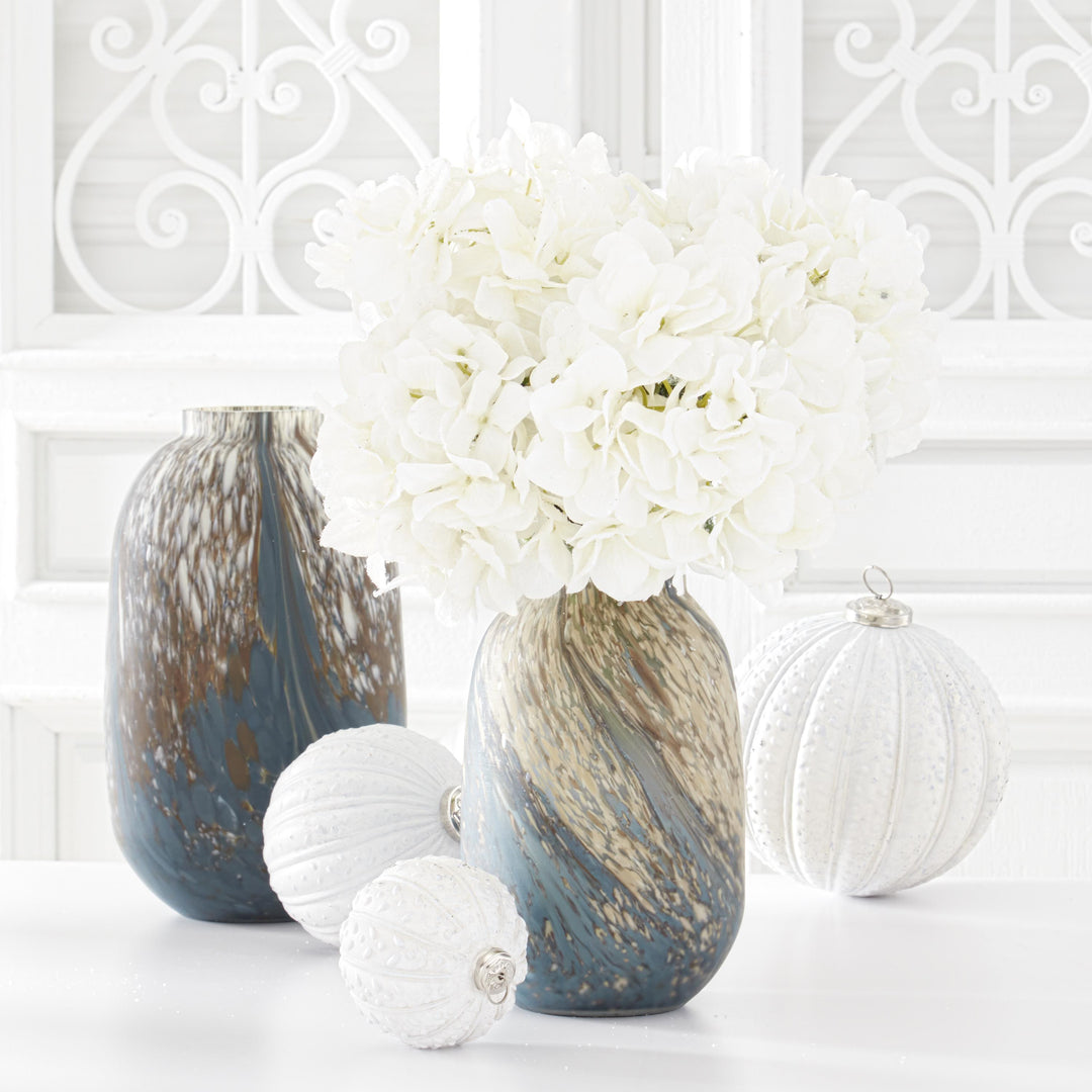 Blue, Cream, and Brown Speckled Swirled Glass Vase