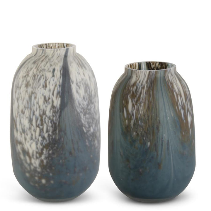 Blue, Cream, and Brown Speckled Swirled Glass Vase